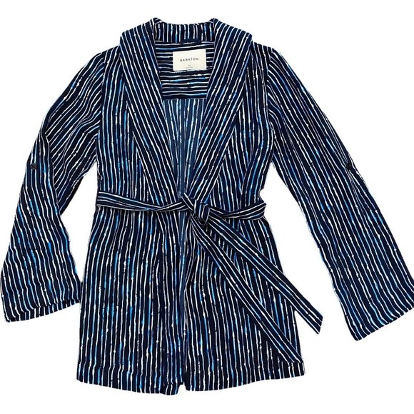 Babaton XS Blue White Pinstripe Kahlo Tie Robe Jacket Coat Aritzia Blazer Pocket - Picture 2 of 9